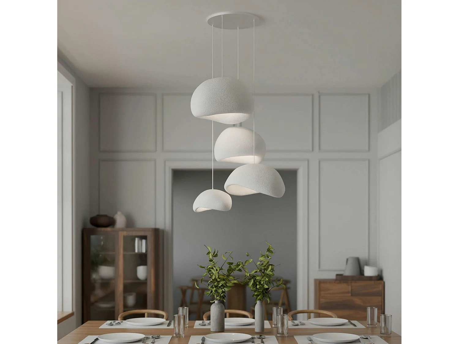 Suspension design blanche 4 abat-jour organiques NOXIS