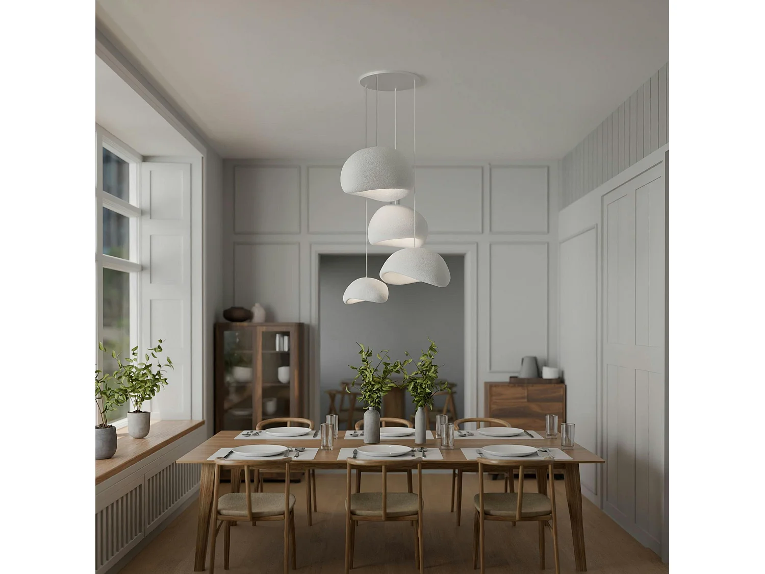 Suspension design blanche 4 abat-jour organiques NOXIS