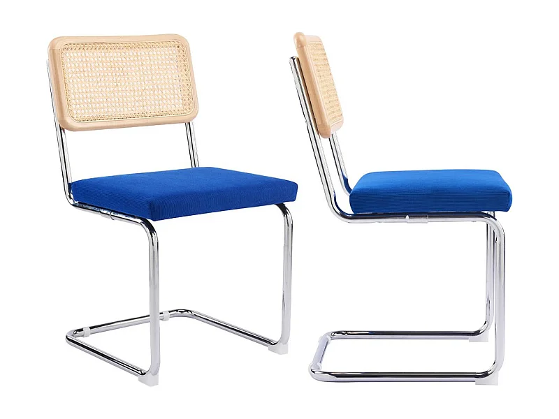 Lot de 2 chaises en cannage, velours côtelé bleu électrique et métal chromé - Muse