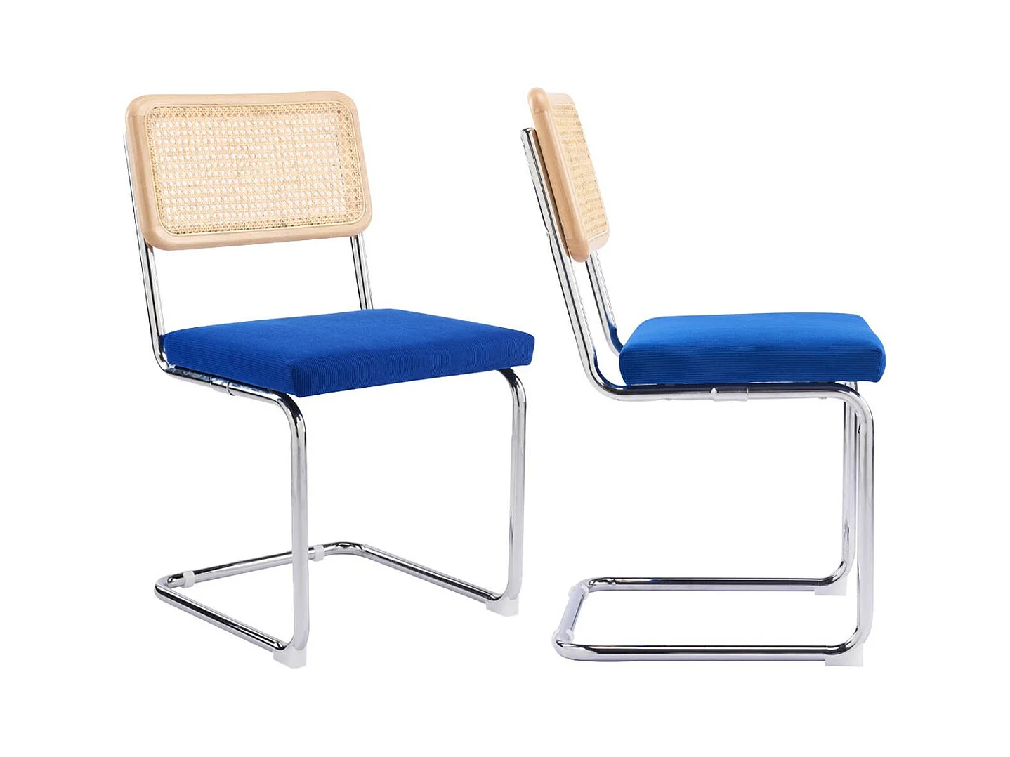 Lot de 2 chaises en cannage, velours côtelé bleu électrique et métal chromé - Muse