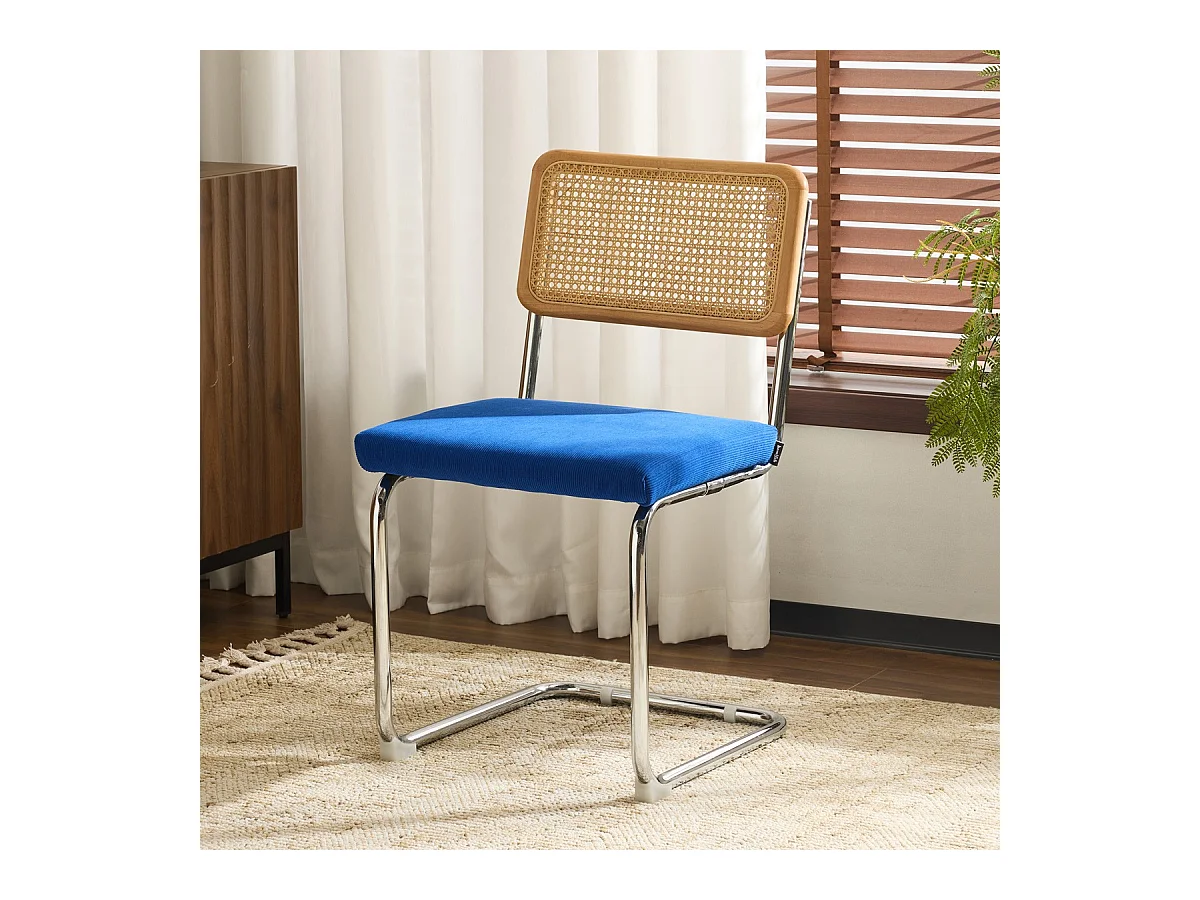 Lot de 2 chaises en cannage, velours côtelé bleu électrique et métal chromé - Muse