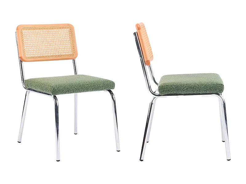 Lot de 2 chaises en métal chromé, cannage naturel et tissu bouclé vert - Paula