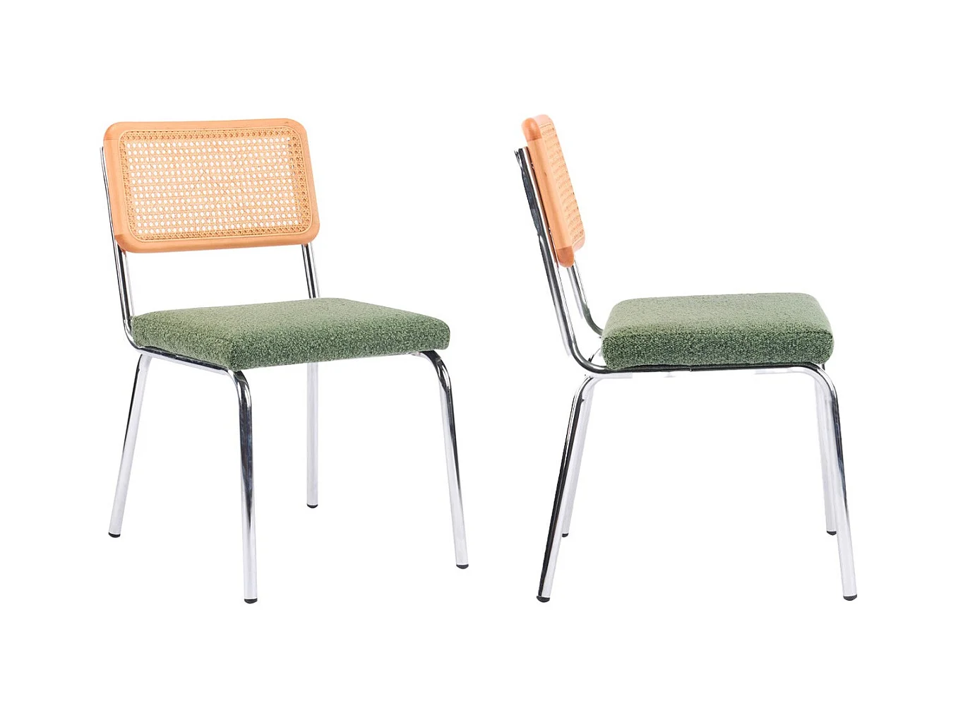 Lot de 2 chaises en métal chromé, cannage naturel et tissu bouclé vert - Paula