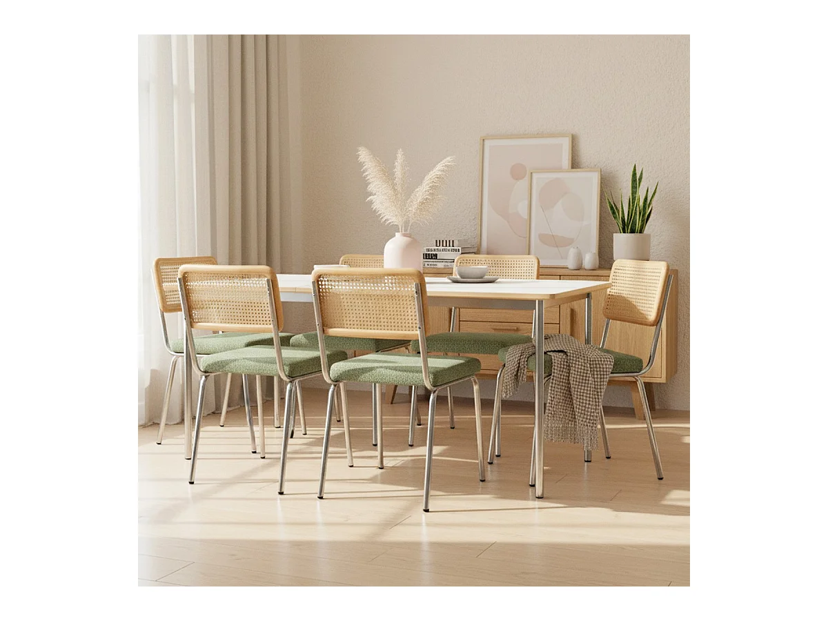 Lot de 2 chaises en métal chromé, cannage naturel et tissu bouclé vert - Paula