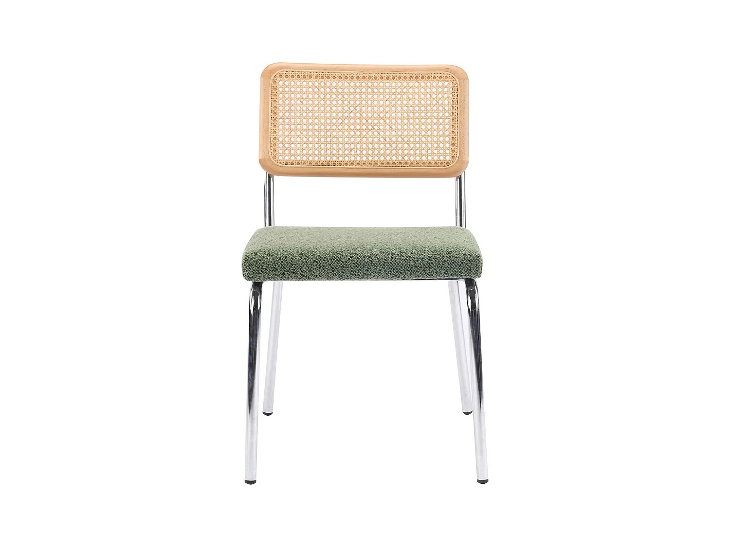 Lot de 2 chaises en métal chromé, cannage naturel et tissu bouclé vert - Paula