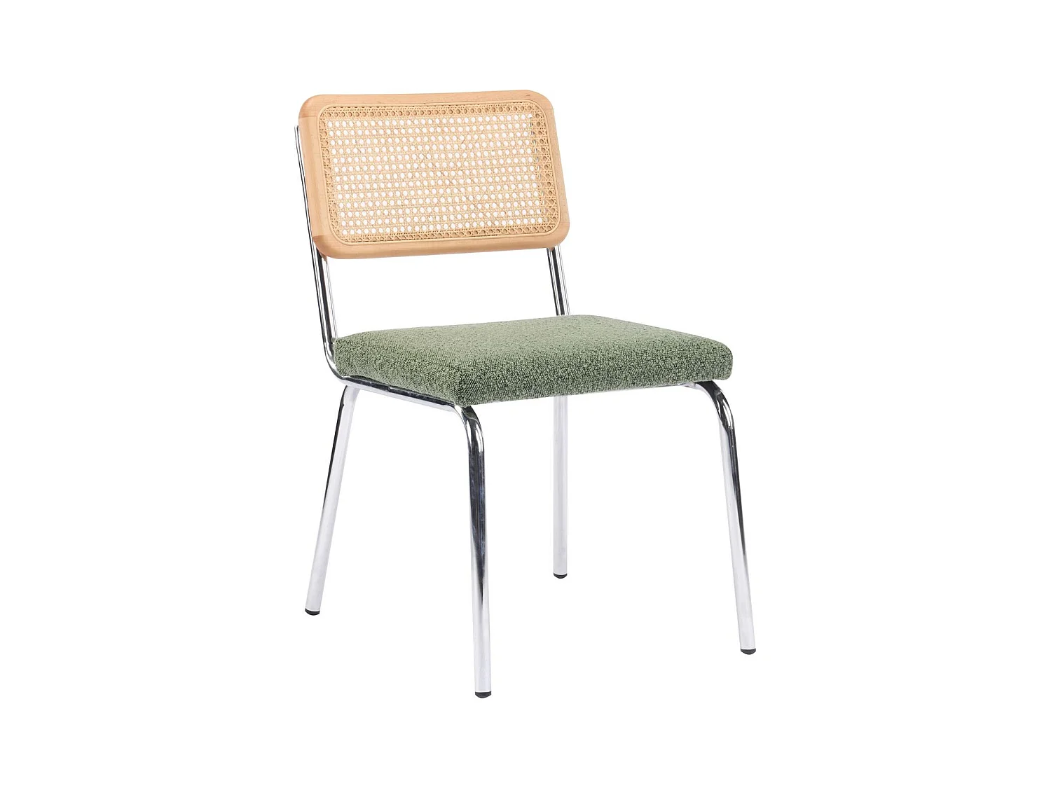 Lot de 2 chaises en métal chromé, cannage naturel et tissu bouclé vert - Paula