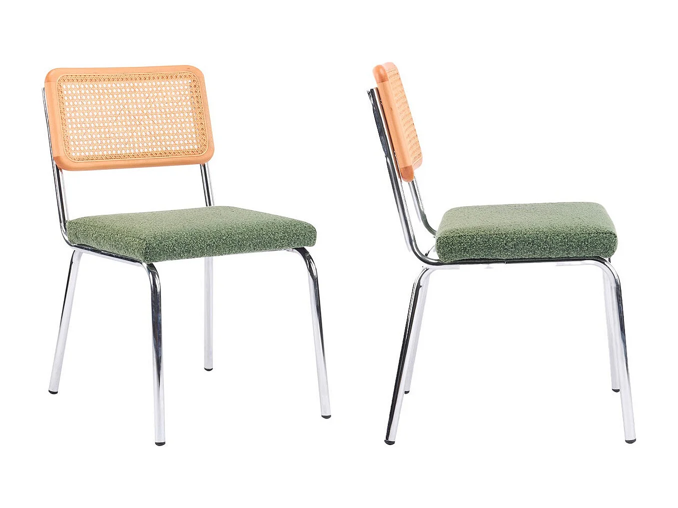 Lot de 2 chaises en métal chromé, cannage naturel et tissu bouclé vert kaki - Paula