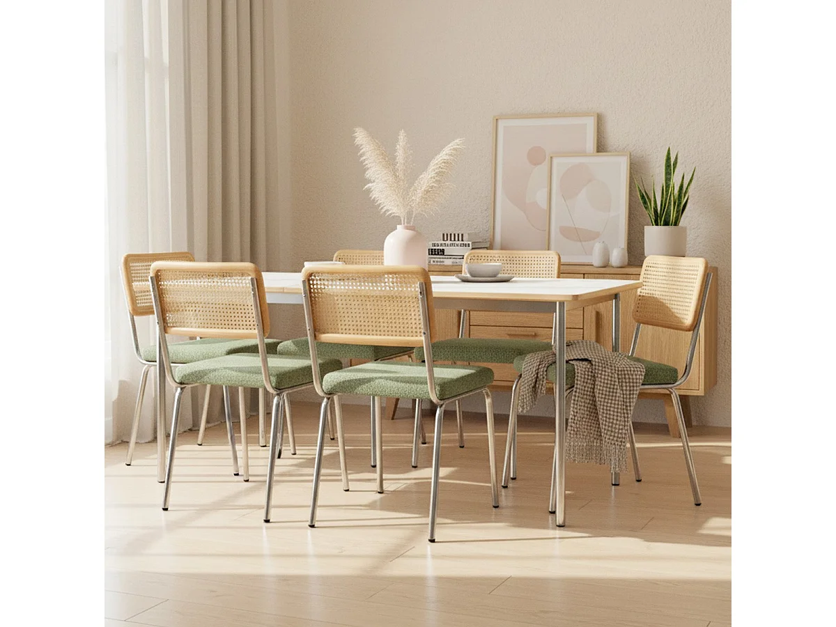 Lot de 2 chaises en métal chromé, cannage naturel et tissu bouclé vert kaki - Paula