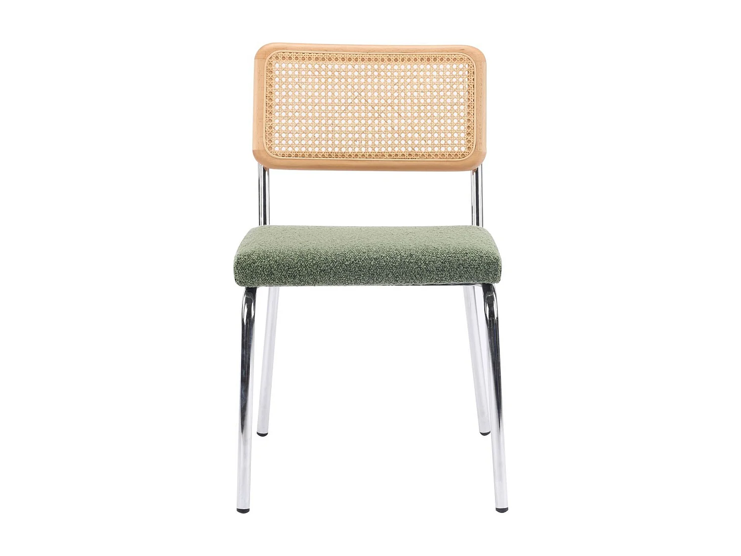 Lot de 2 chaises en métal chromé, cannage naturel et tissu bouclé vert kaki - Paula