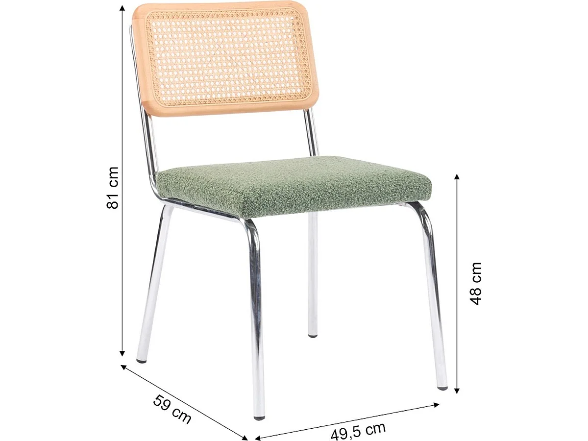 Lot de 2 chaises en métal chromé, cannage naturel et tissu bouclé vert kaki - Paula