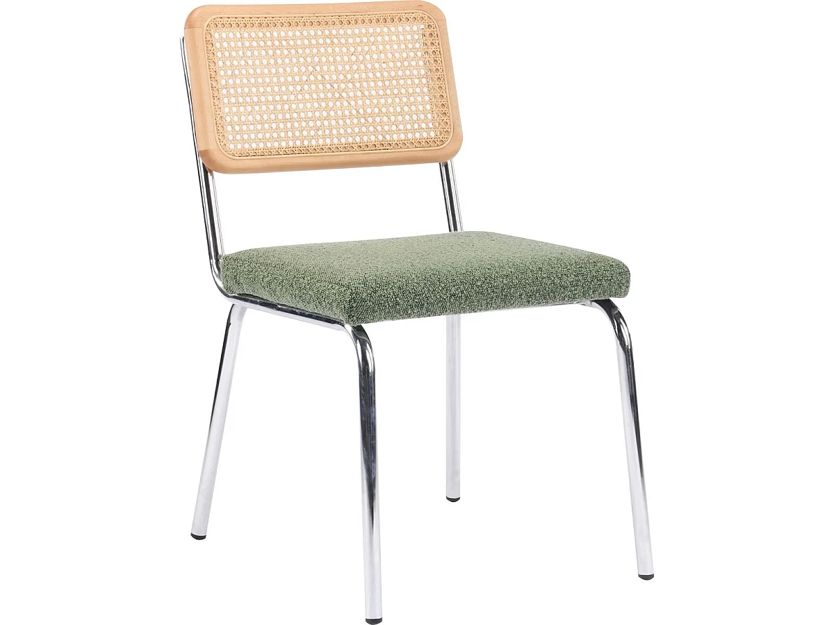 Lot de 2 chaises en métal chromé, cannage naturel et tissu bouclé vert kaki - Paula