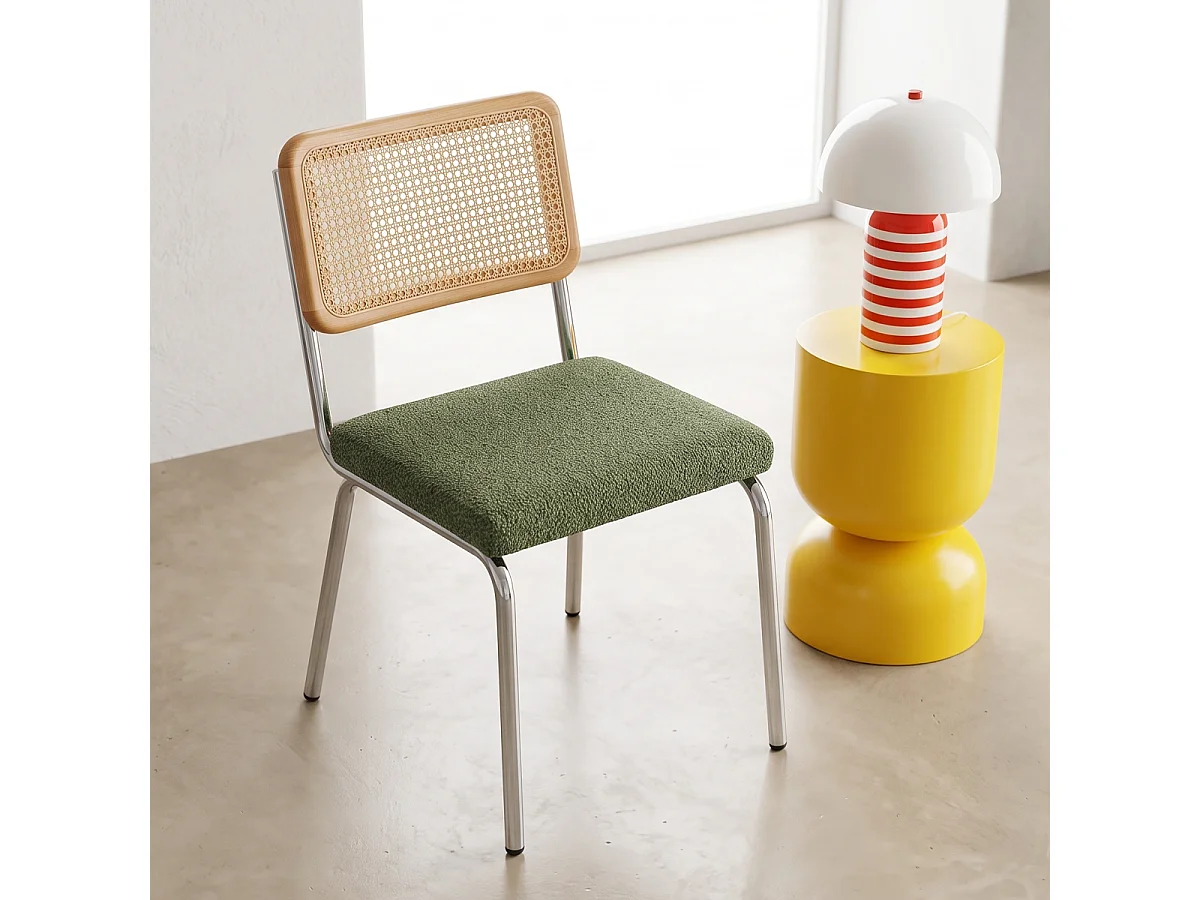 Lot de 2 chaises en métal chromé, cannage naturel et tissu bouclé vert kaki - Paula