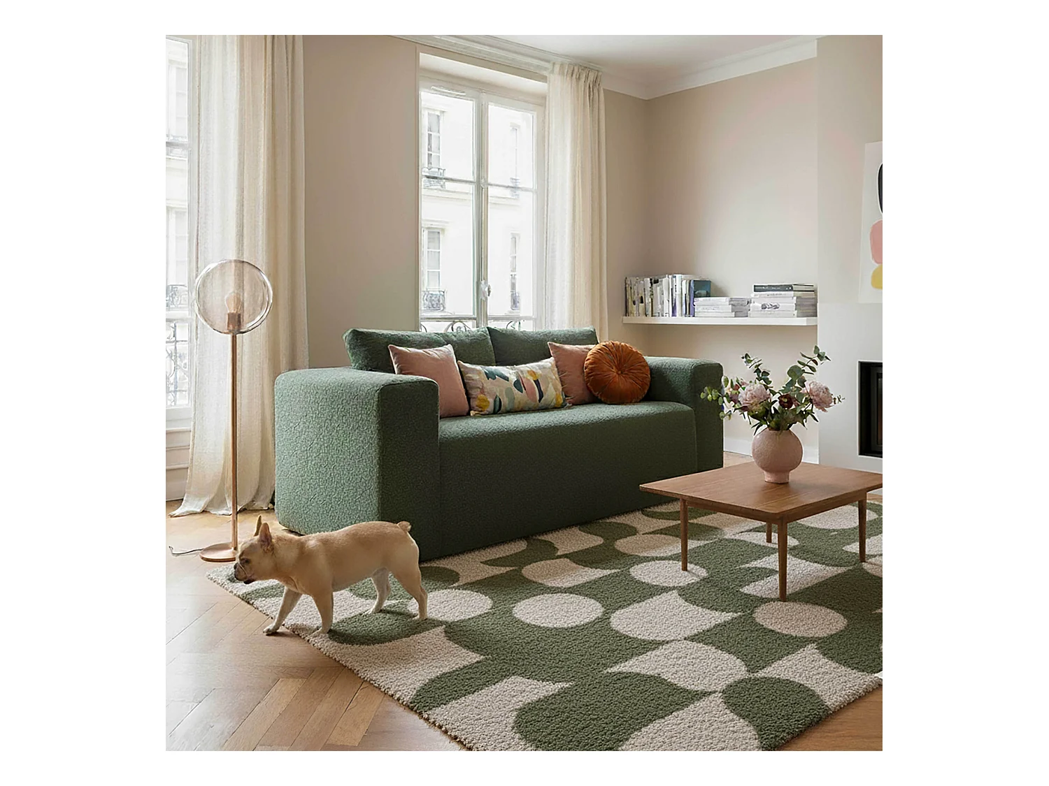 Canapé 2 places en tissu bouclette avec coussins vert