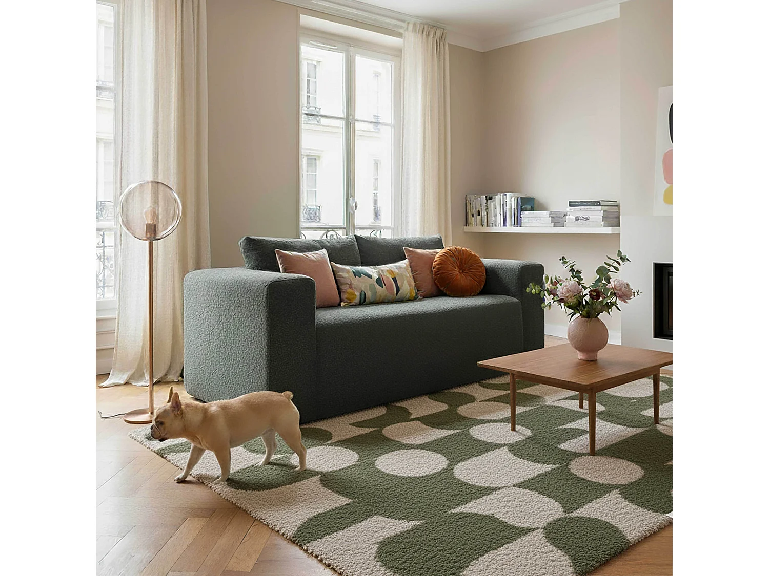 Canapé 2 places en tissu bouclette avec coussins vert L 160 cm