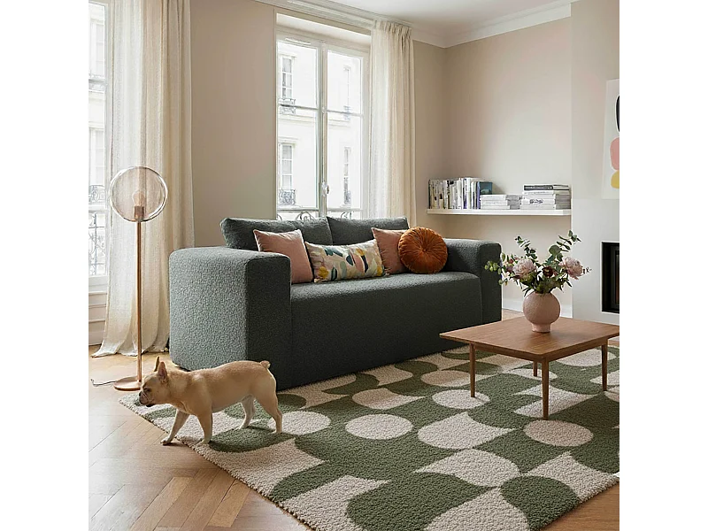 2-zitsbank in bouclé met groene kussens L 160 cm