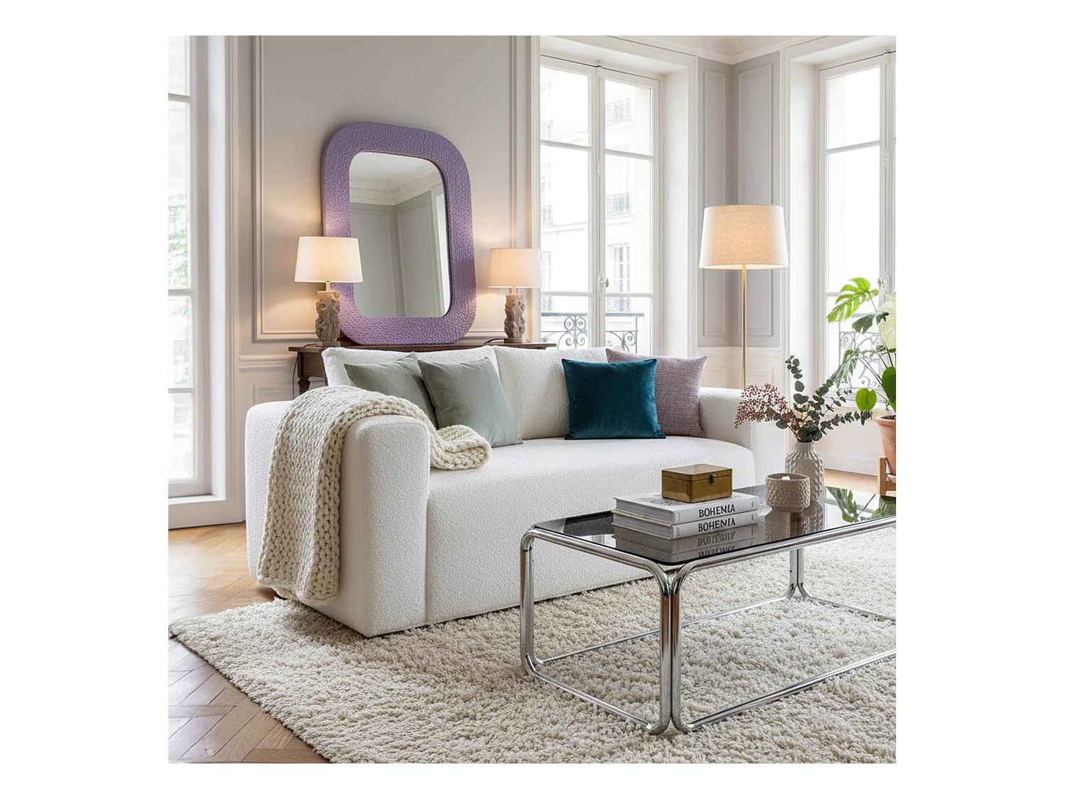 Canapé 2 places en tissu bouclette avec coussins écru