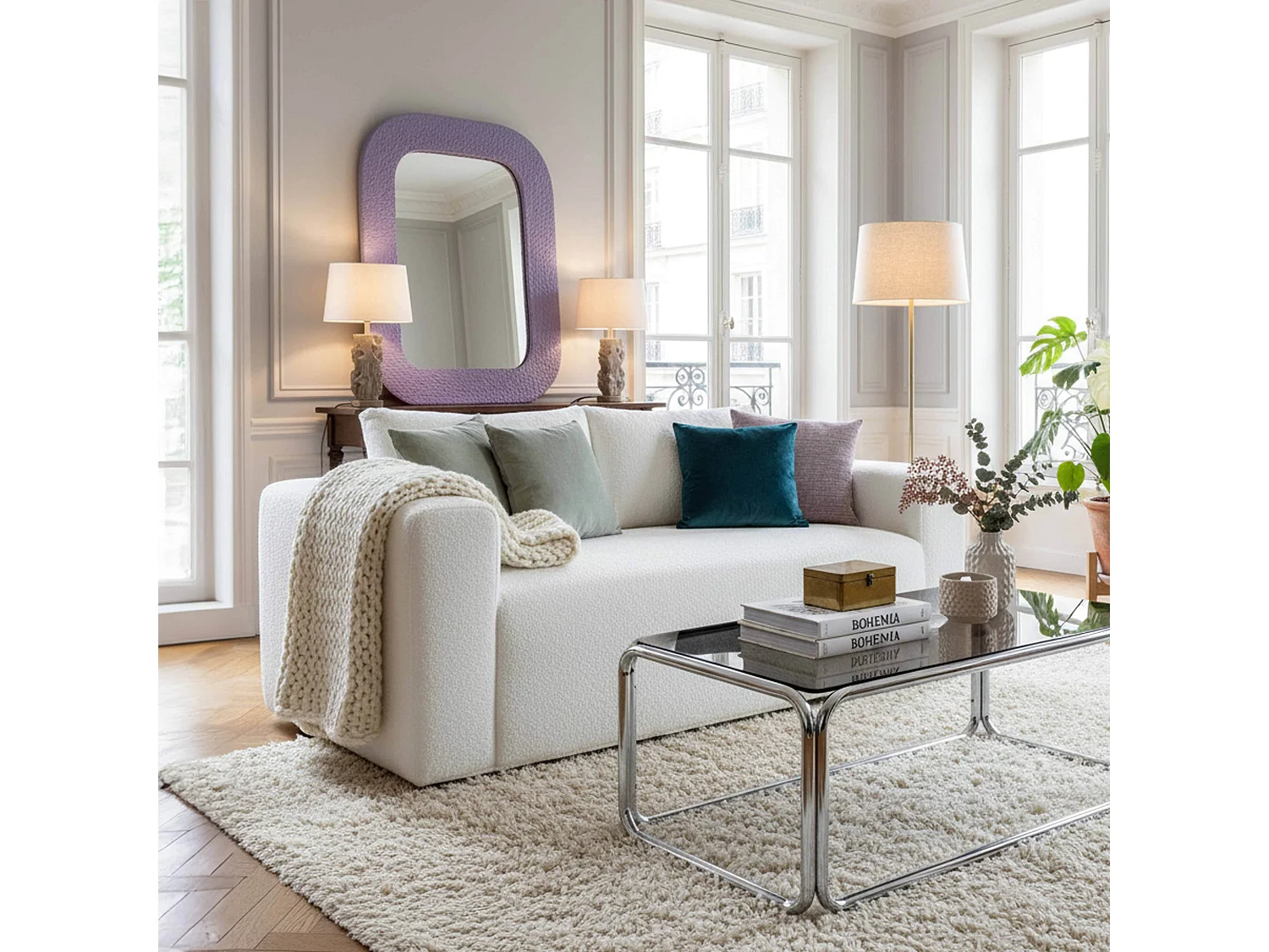 Canapé 2 places en tissu bouclette avec coussins écru L 160 cm