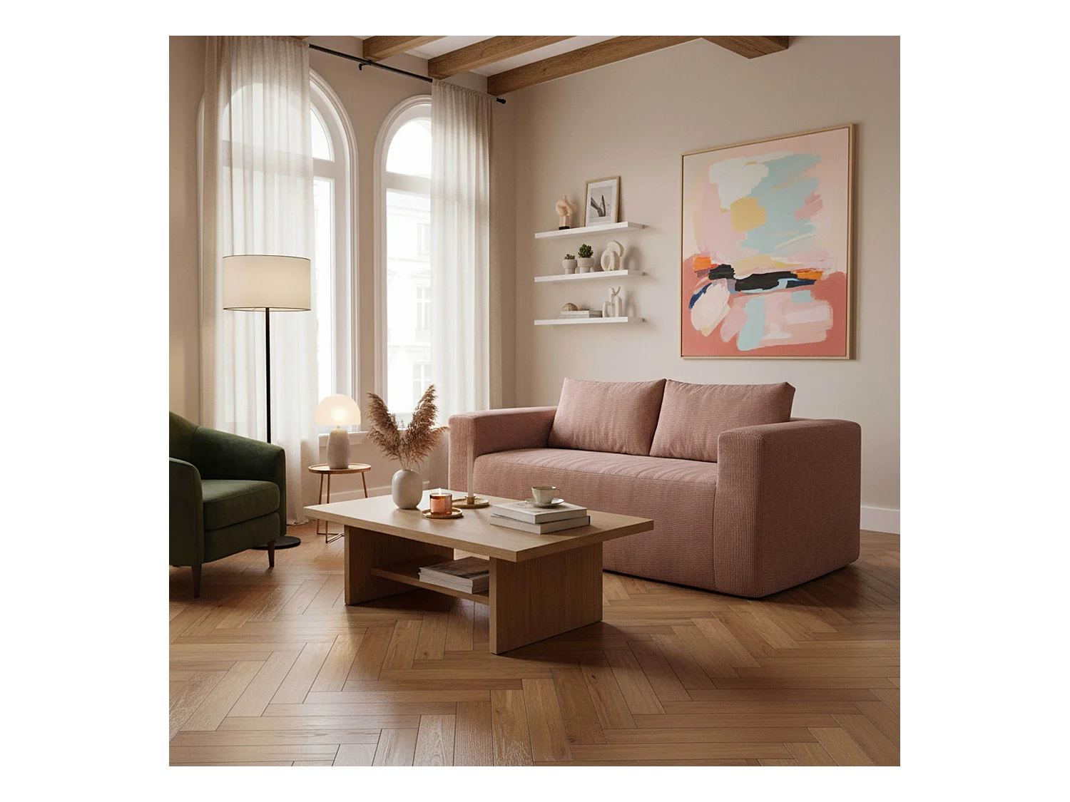 Canapé 2 places en tissu côtelé avec coussins rose