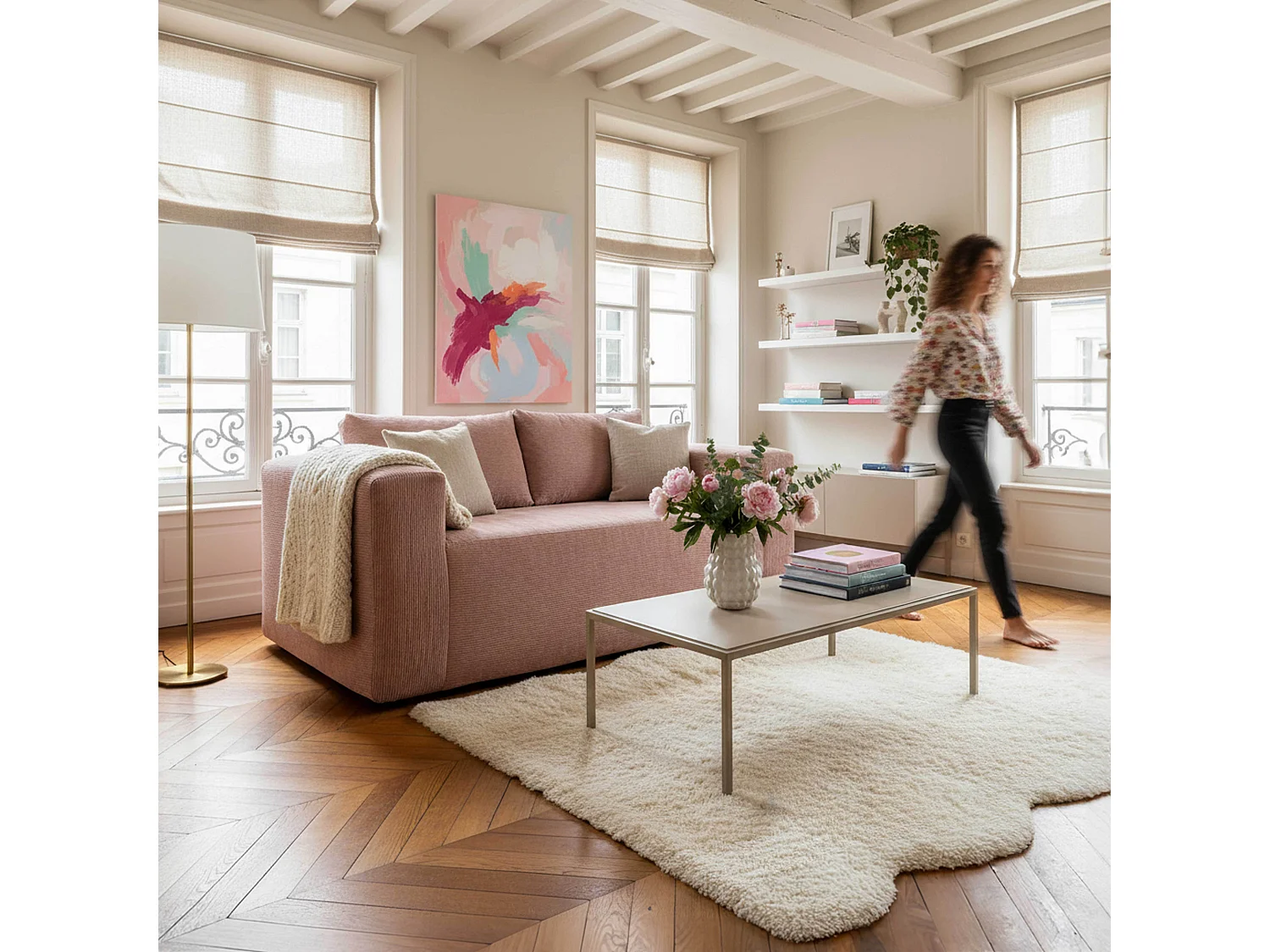 Canapé 2 places en tissu côtelé avec coussins rose L 160 cm