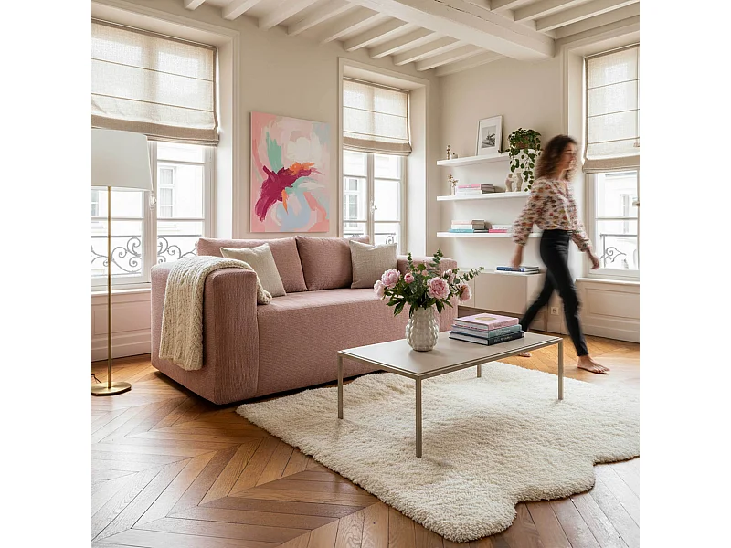 Canapé 2 places en tissu côtelé avec coussins rose L 160 cm