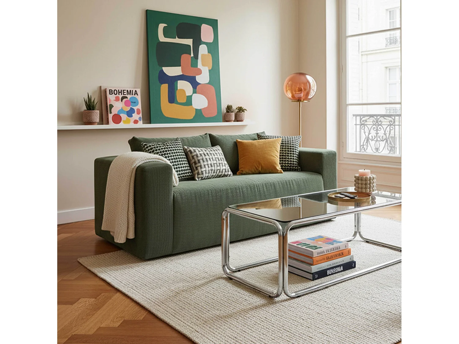 Canapé 2 places en tissu côtelé avec coussins vert L 160 cm