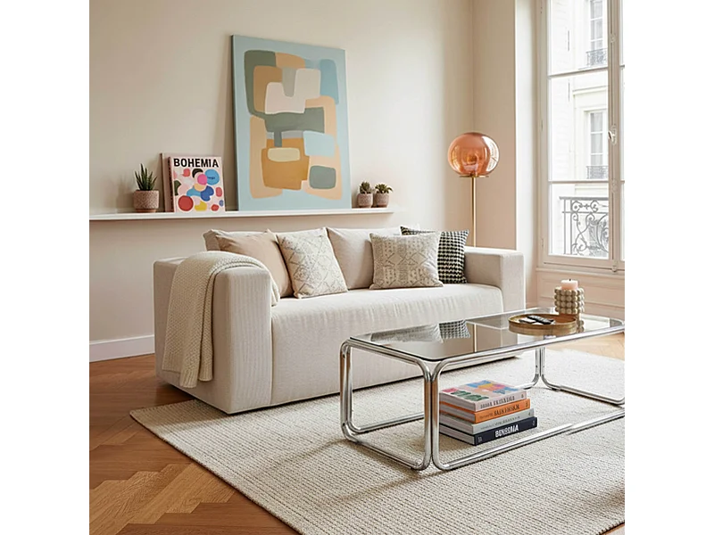 Canapé 2 places en tissu côtelé avec coussins ecru L 160 cm