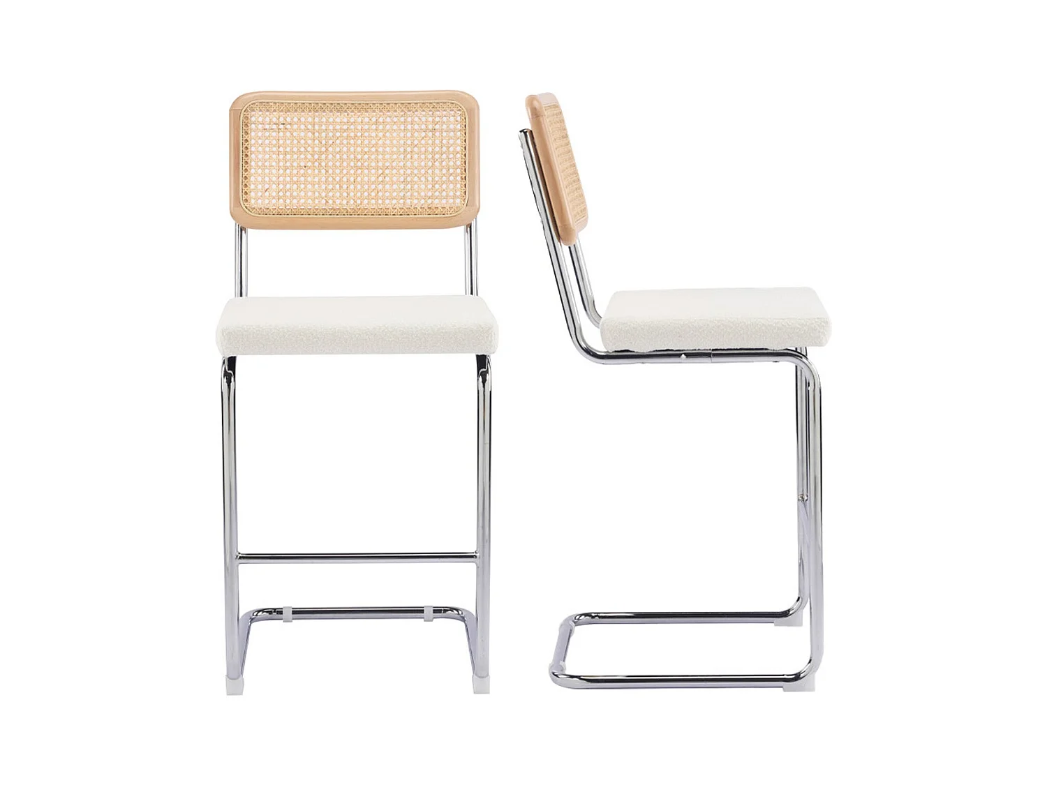 Lot de 2 tabourets de bar en cannage et tissu bouclé beige - Muse