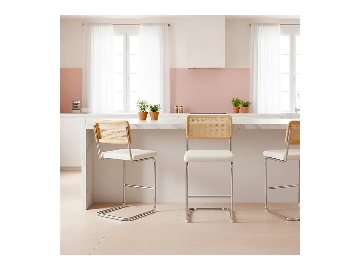 Lot de 2 tabourets de bar en cannage et tissu bouclé beige - Muse