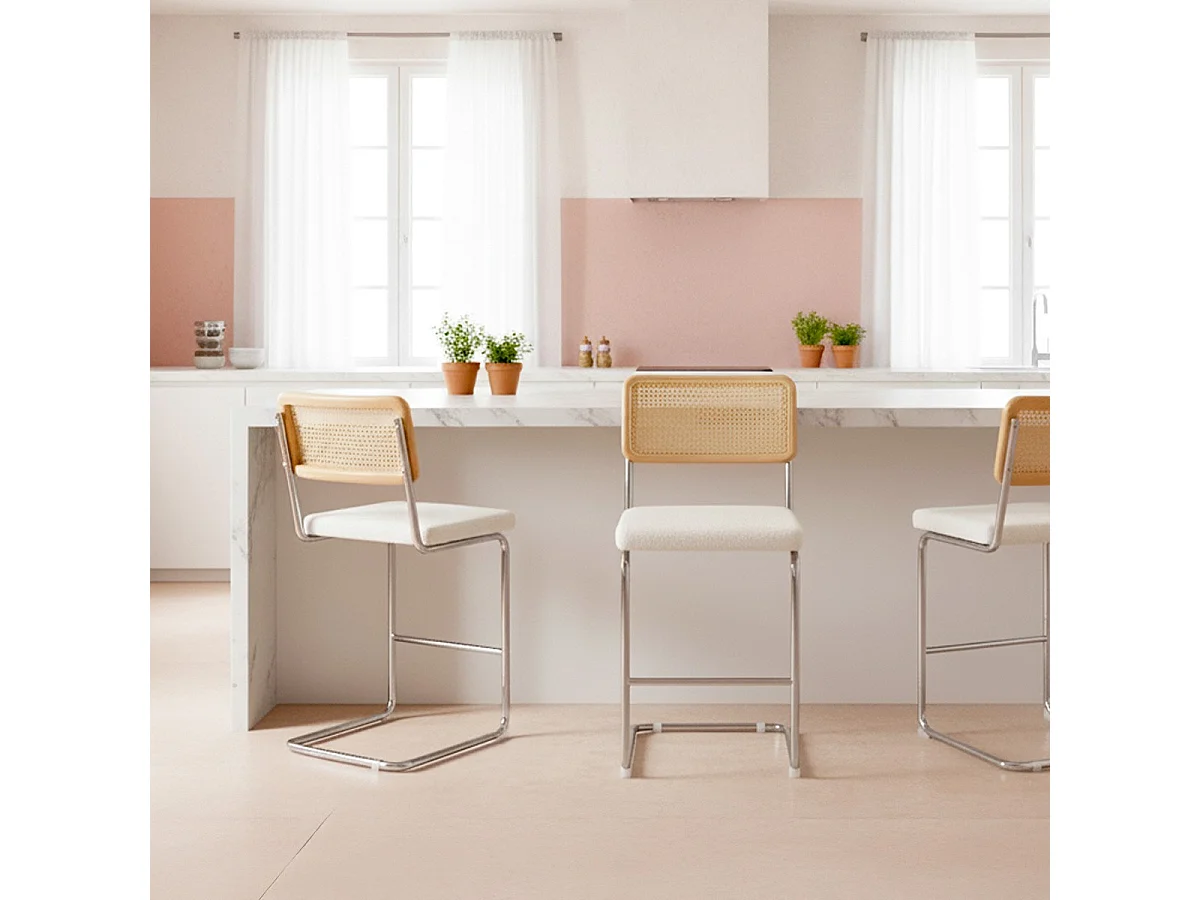 Lot de 2 tabourets de bar en cannage et tissu bouclé beige - Muse