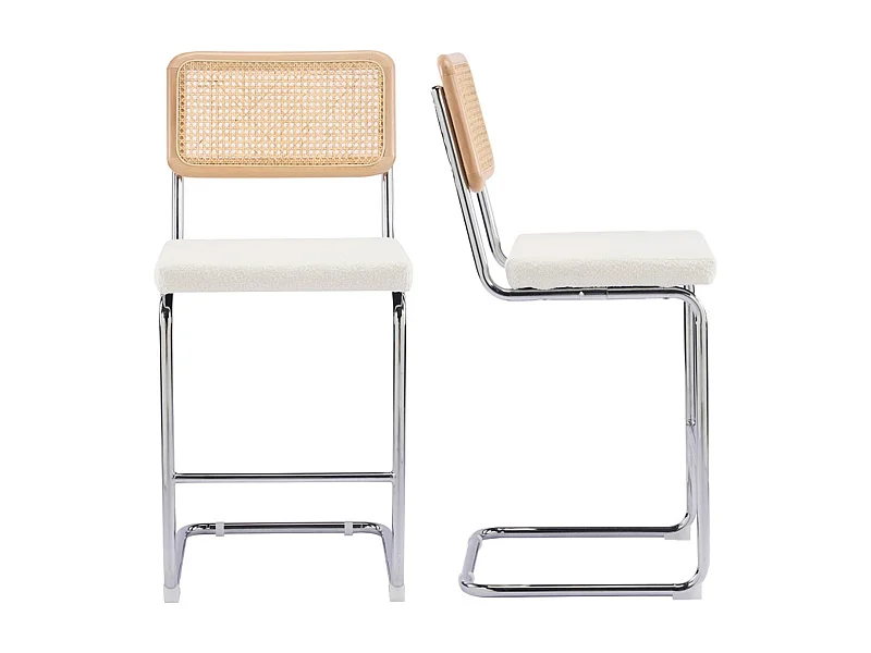 Lot de 2 tabourets de bar en cannage et tissu bouclé beige - Muse
