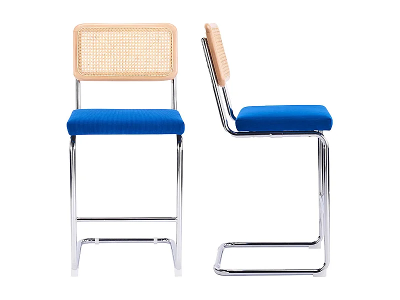 Lot de 2 tabourets de bar en cannage et velours côtelé bleu électrique - Muse