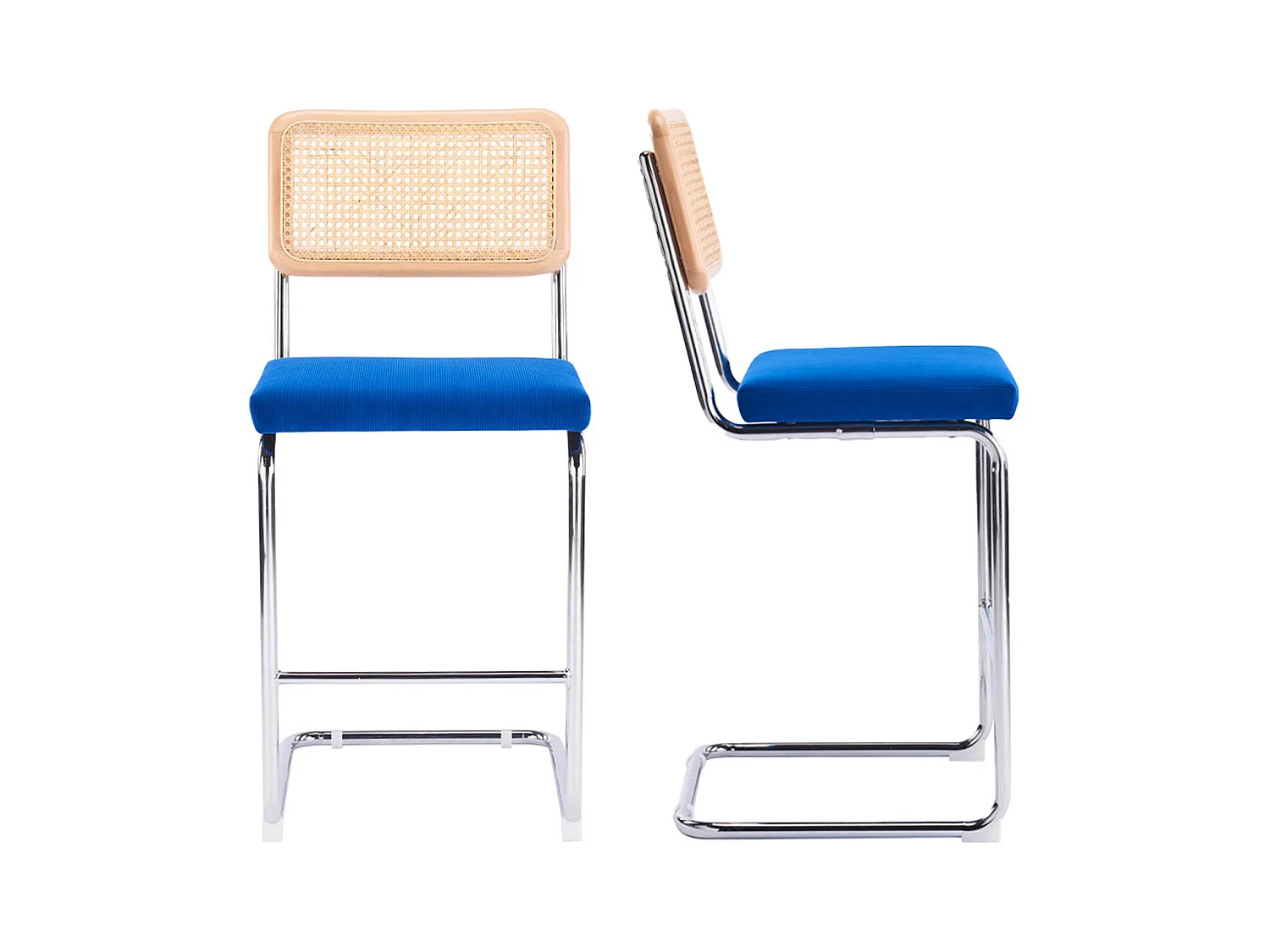 Lot de 2 tabourets de bar en cannage et velours côtelé bleu électrique - Muse