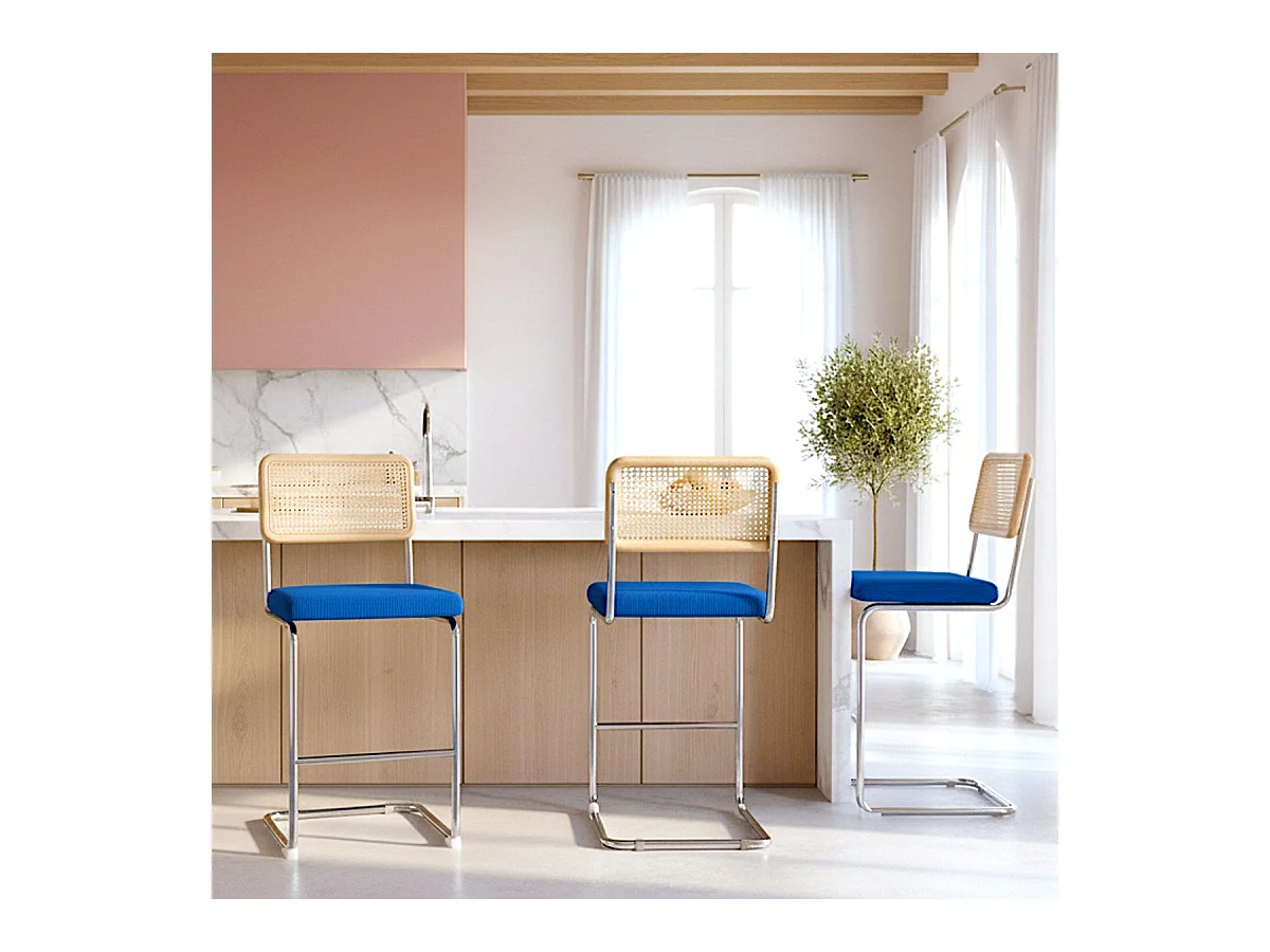 Lot de 2 tabourets de bar en cannage et velours côtelé bleu électrique - Muse