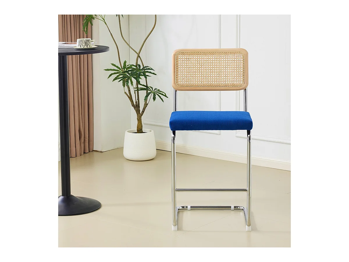 Lot de 2 tabourets de bar en cannage et velours côtelé bleu électrique - Muse