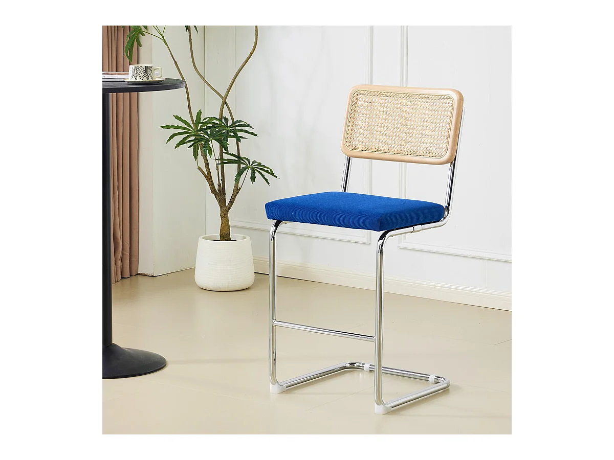 Lot de 2 tabourets de bar en cannage et velours côtelé bleu électrique - Muse