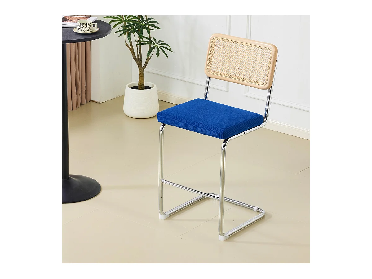 Lot de 2 tabourets de bar en cannage et velours côtelé bleu électrique - Muse