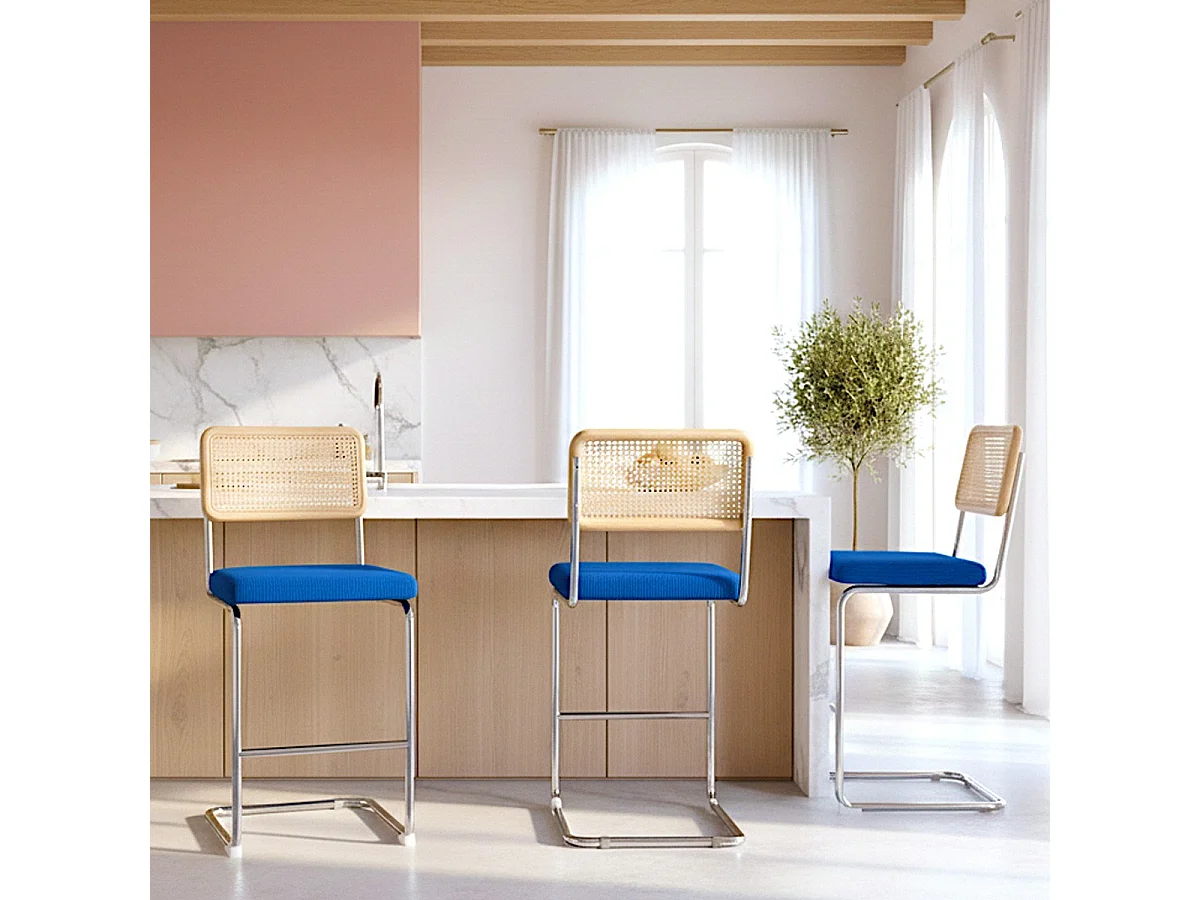 Lot de 2 tabourets de bar en cannage et velours côtelé bleu électrique - Muse