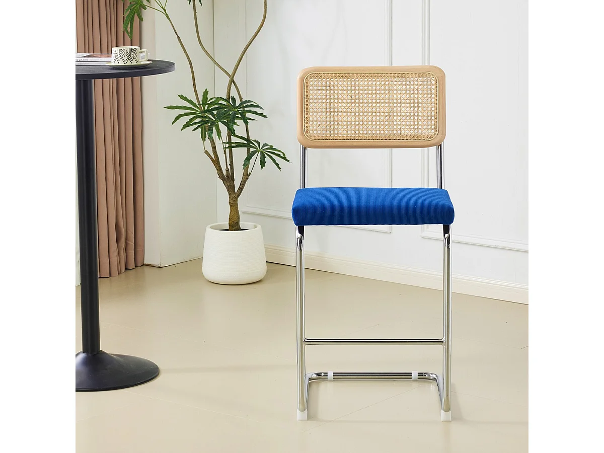 Lot de 2 tabourets de bar en cannage et velours côtelé bleu électrique - Muse