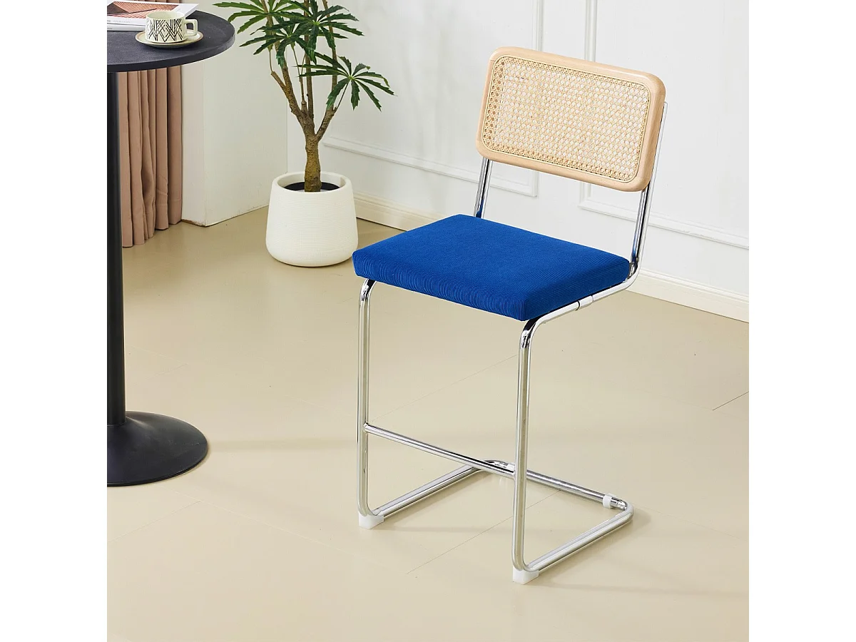 Lot de 2 tabourets de bar en cannage et velours côtelé bleu électrique - Muse