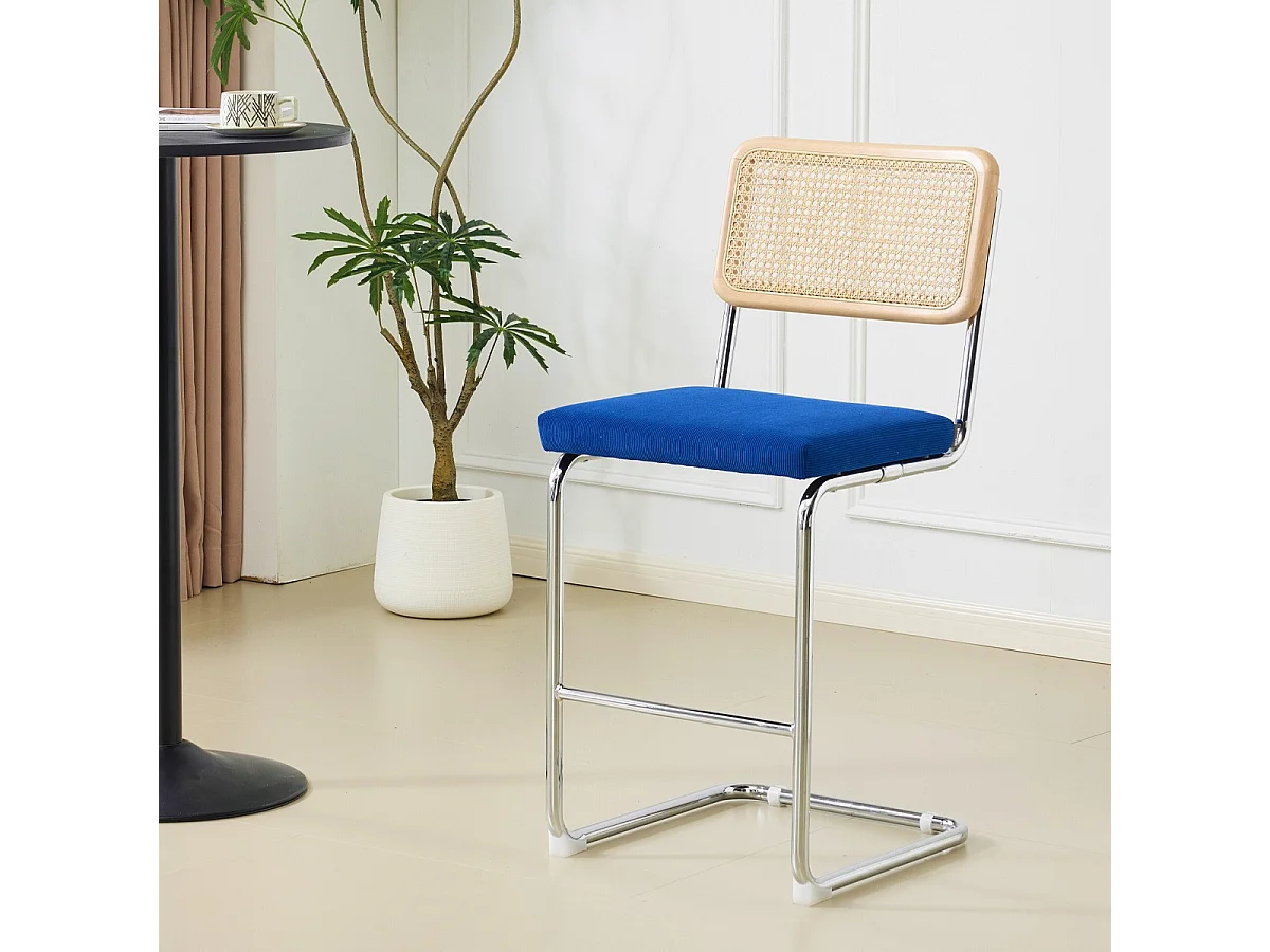 Lot de 2 tabourets de bar en cannage et velours côtelé bleu électrique - Muse