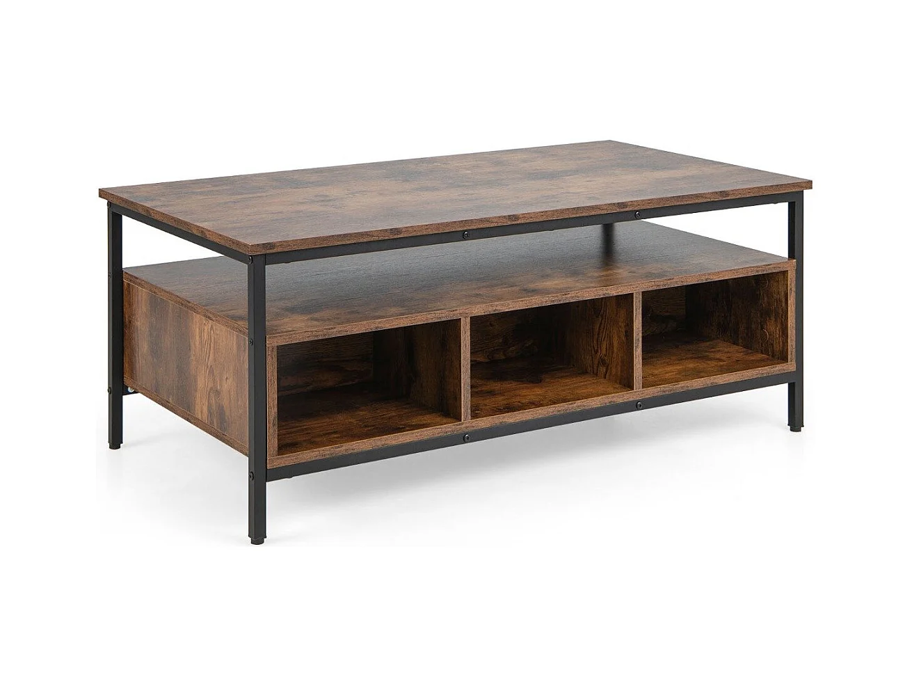 Tavolino da caffè a 3 ripiani con spazio di archiviazione, Tavolo rettangolare in legno con mensola aperta Marrone