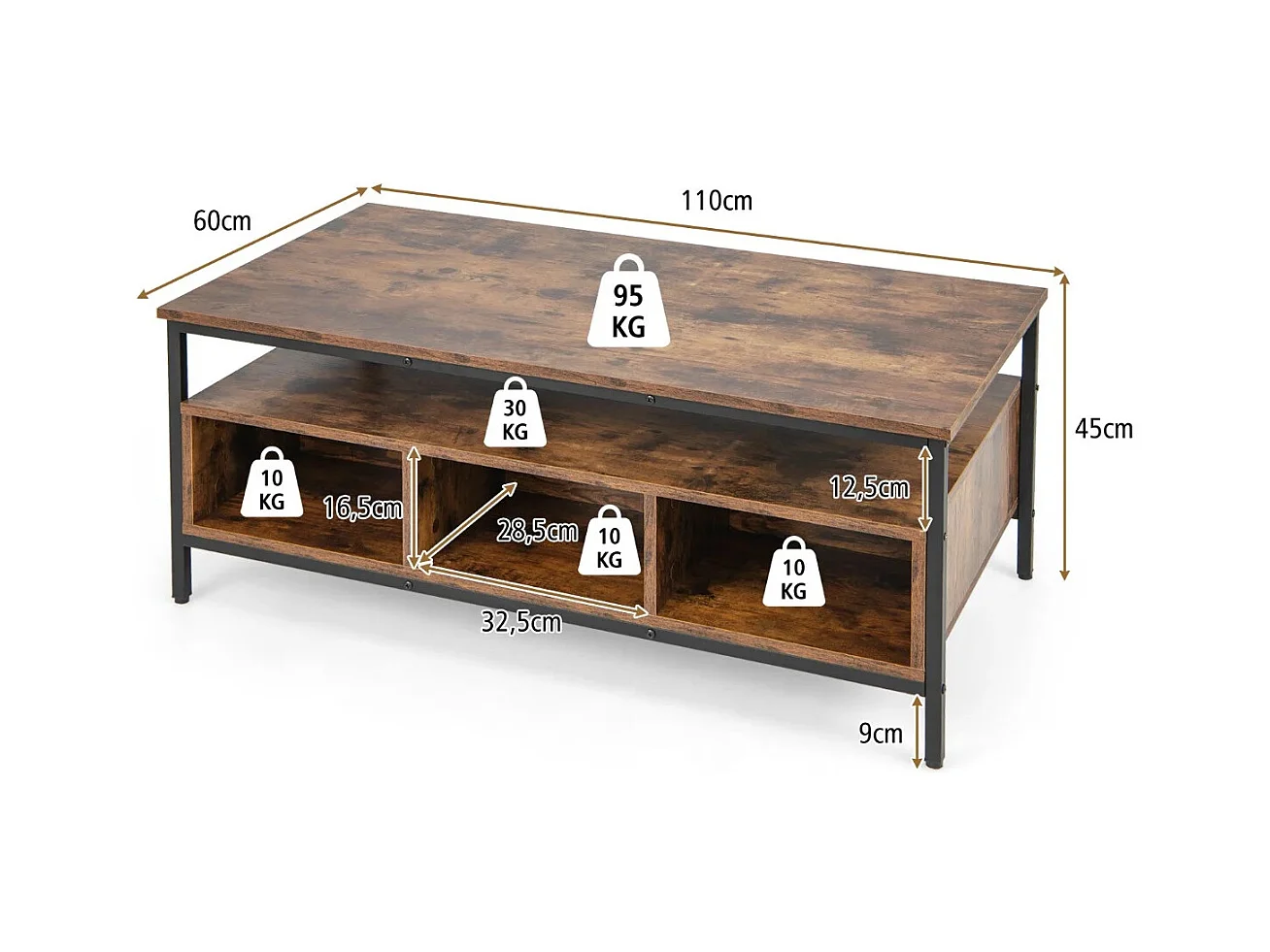 Tavolino da caffè a 3 ripiani con spazio di archiviazione, Tavolo rettangolare in legno con mensola aperta Marrone