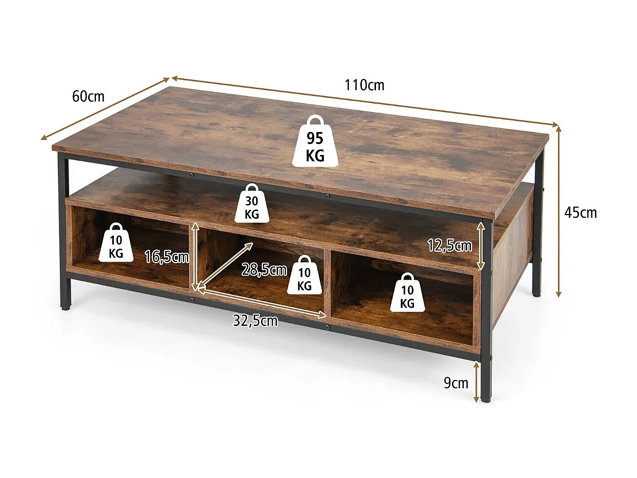 Tavolino da caffè a 3 ripiani con spazio di archiviazione, Tavolo rettangolare in legno con mensola aperta Marrone