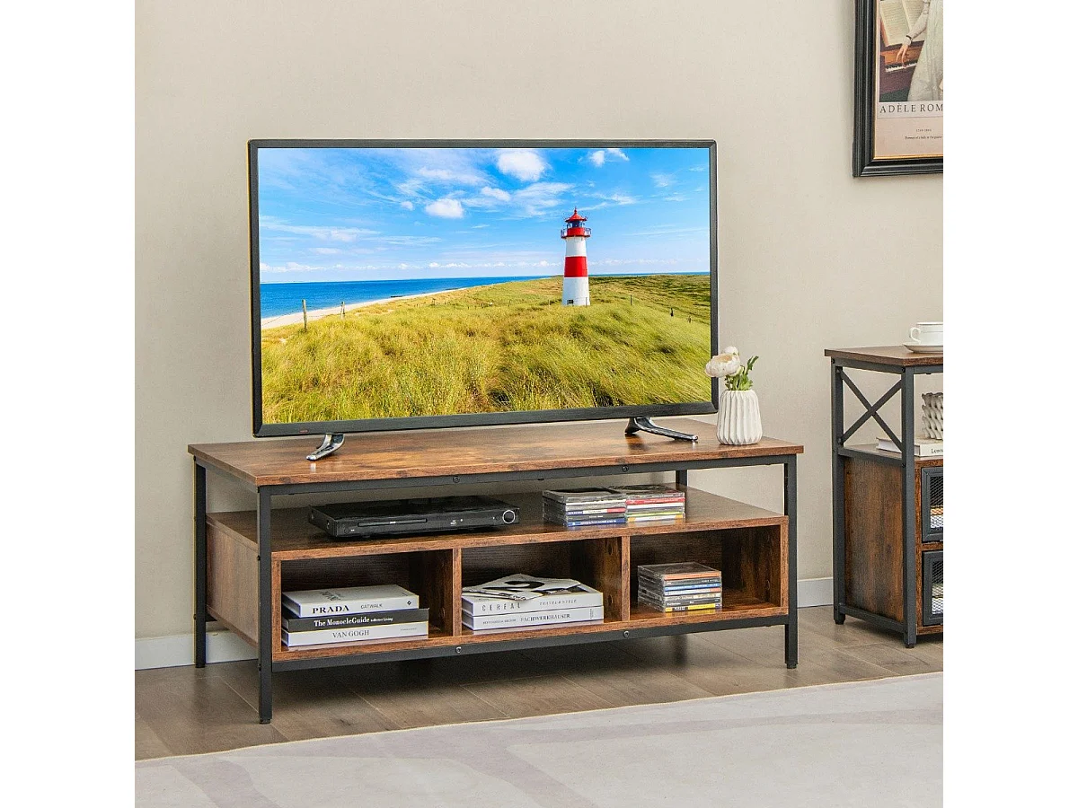 Tavolino da caffè a 3 ripiani con spazio di archiviazione, Tavolo rettangolare in legno con mensola aperta Marrone