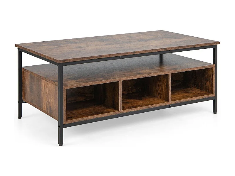 Tavolino da caffè a 3 ripiani con spazio di archiviazione, Tavolo rettangolare in legno con mensola aperta Marrone