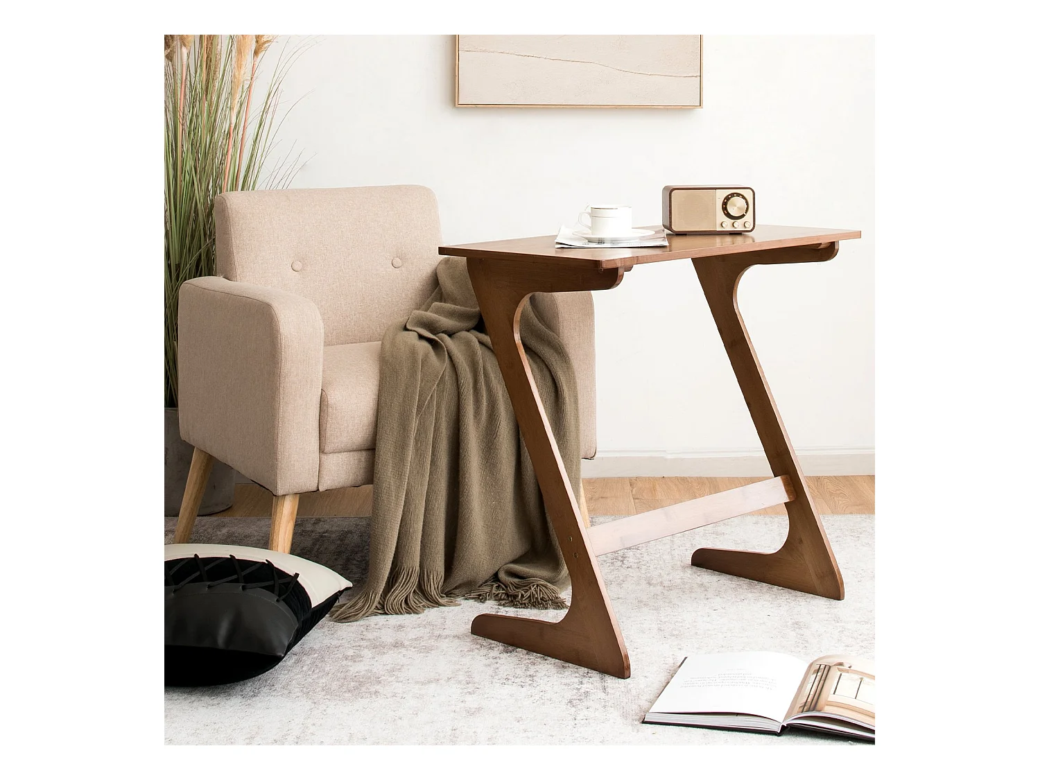 Table d'Appoint en Forme de Z Table Chevet de Canapé en Bambou Massif Économisant de l'Espace Bureau 75 X 40 X 70 CM Café