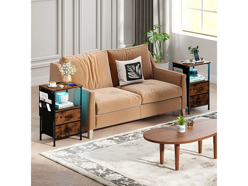 Lot de 2 Table d'Appoint avec Station de Charge Table de Chevet avec 2 Tiroirs en Tissu Pliants 6 Poches Latérales Marron Rustique