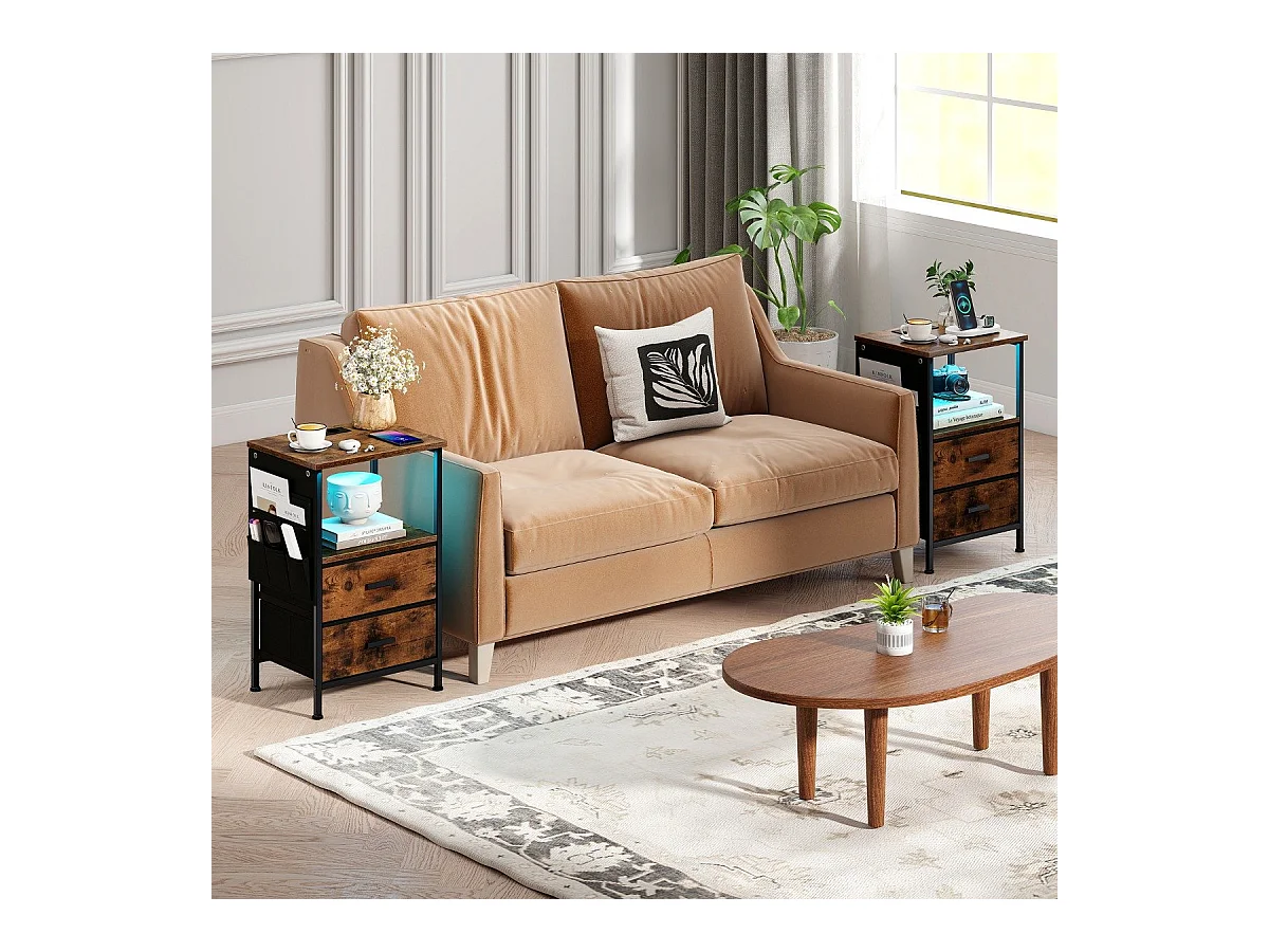 Comodino con stazione di ricarica 2 cassetti e 6 tasche laterali, Tavolino industriale per camera da letto Marrone 2 Pezzi