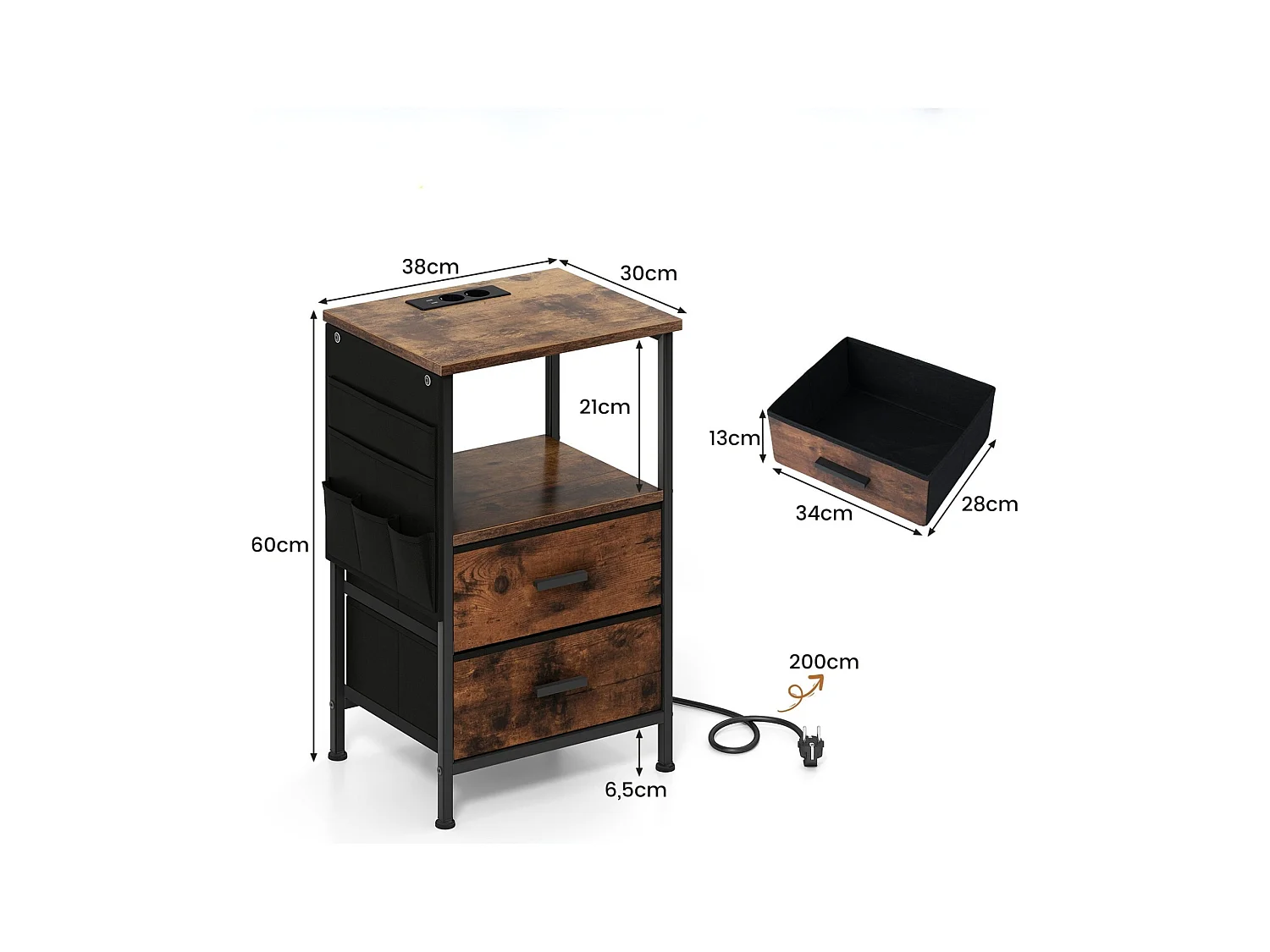 Comodino con stazione di ricarica 2 cassetti e 6 tasche laterali, Tavolino industriale per camera da letto Marrone 2 Pezzi