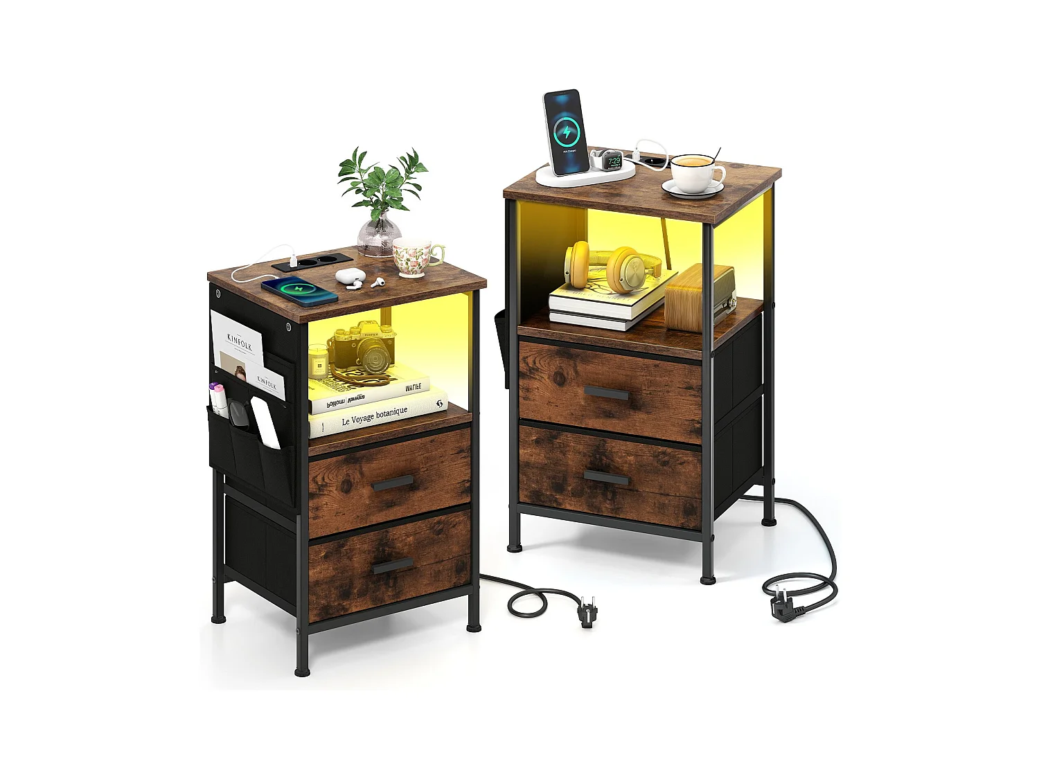 Comodino con stazione di ricarica 2 cassetti e 6 tasche laterali, Tavolino industriale per camera da letto Marrone 2 Pezzi